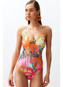 Trendyol Tropical Patterned V-Neck Low-Cut Back Regular Swimsuit