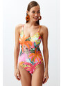 Trendyol Tropical Patterned V-Neck Low-Cut Back Regular Swimsuit