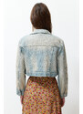 Trendyol Blue Faded Effect Vintage Oversize Crop Denim Jacket