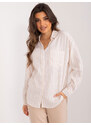 Fashionhunters Světle béžová a bílá klasická dámská košile s výstřihem
