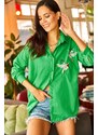 Olalook Women's Grass Green Bird Sequin Detail Woven Boyfriend Shirt