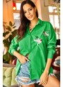 Olalook Women's Grass Green Bird Sequin Detail Woven Boyfriend Shirt