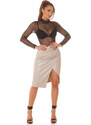 Style fashion Sexy midi sukně z umělé kůže s rozparkem