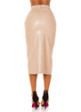 Style fashion Sexy kožený vzhled midi sukně s vysokým pasem a rozparkem