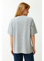 Trendyol Gray 100% Cotton Crew Neck Printed Boyfriend/Casual Cut Knitted T-Shirt
