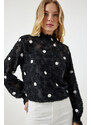 Happiness İstanbul Women's Black Marked Polka Dot Woven Blouse