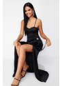 Trendyol Black Satin Woven Long Evening Dress with Shiny Stone Accessories