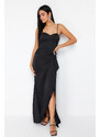 Trendyol Black Satin Woven Long Evening Dress with Shiny Stone Accessories