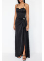 Trendyol Black Satin Woven Long Evening Dress with Shiny Stone Accessories