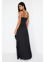 Trendyol Black Satin Woven Long Evening Dress with Shiny Stone Accessories