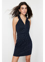 Trendyol Navy Blue Striped Bodycone/Crap Polo Neck Mini Knitted Midi Dress