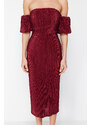 Trendyol Burgundy Sleeve Detailed Pleated Knitted Elegant Evening Dress