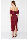 Trendyol Burgundy Sleeve Detailed Pleated Knitted Elegant Evening Dress