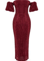 Trendyol Burgundy Sleeve Detailed Pleated Knitted Elegant Evening Dress