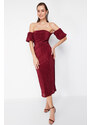 Trendyol Burgundy Sleeve Detailed Pleated Knitted Elegant Evening Dress