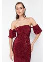 Trendyol Burgundy Sleeve Detailed Pleated Knitted Elegant Evening Dress