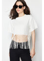 Trendyol Ecru 100% Cotton Tassel Detailed Knitted T-Shirt