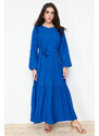 Trendyol Blue Belted Shoulder Ruffled Skirt Flounced Lined Viscose Mixed Woven Dress