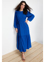 Trendyol Blue Belted Shoulder Ruffled Skirt Flounced Lined Viscose Mixed Woven Dress