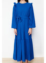 Trendyol Blue Belted Shoulder Ruffled Skirt Flounced Lined Viscose Mixed Woven Dress