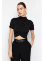 Trendyol Black High Neck Short Sleeve Draped Crop Blouse Knitted Blouse