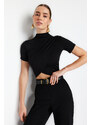 Trendyol Black High Neck Short Sleeve Draped Crop Blouse Knitted Blouse