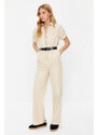 Trendyol Light Beige Shirt Collar Pocket Detailed Belted Woven Overalls