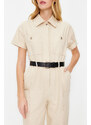 Trendyol Light Beige Shirt Collar Pocket Detailed Belted Woven Overalls