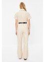 Trendyol Light Beige Shirt Collar Pocket Detailed Belted Woven Overalls