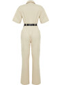 Trendyol Light Beige Shirt Collar Pocket Detailed Belted Woven Overalls