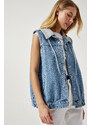 Happiness İstanbul Women's Light Blue Hooded Boyfriend Denim Vest