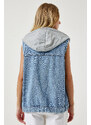 Happiness İstanbul Women's Light Blue Hooded Boyfriend Denim Vest