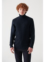 Avva Men's Navy Blue Full Turtleneck Front Textured Cotton Standard Fit Regular Cut Knitwear Sweater