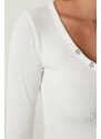 Happiness İstanbul Women's White Buttoned Collar Ribbed Crop Knitted Blouse