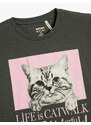 Koton Oversized T-Shirt Short Sleeved Crew Neck Cat Printed Cotton