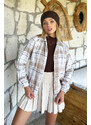 Trend Alaçatı Stili Women's Beige Patterned Zippered Seasonal Bomber Jacket with Elastic Waist