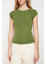 Trendyol Khaki Viscose/Soft Fabric Moon Sleeve Fitted Stretchy Knitted Blouse