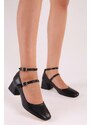 Shoeberry Women's Linnie Black Skin Chunky Heel Shoes Black Skin