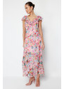 Trendyol Pink Floral Ruffle Chiffon Lined Maxi Woven Dress