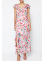 Trendyol Pink Floral Ruffle Chiffon Lined Maxi Woven Dress