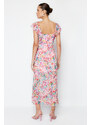 Trendyol Pink Floral Ruffle Chiffon Lined Maxi Woven Dress