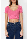 Trendyol Pink Pool Collar Baby Overlock Detailed Crop Ribbed Stretchy Knitted Blouse