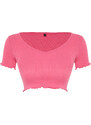 Trendyol Pink Pool Collar Baby Overlock Detailed Crop Ribbed Stretchy Knitted Blouse