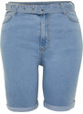 Trendyol Curve Light Blue Belted Stretchy Skinny Denim Shorts