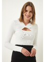 Happiness İstanbul Women's White Cut Out Detailed Ribbed Knitted Blouse