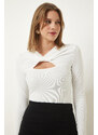 Happiness İstanbul Women's White Cut Out Detailed Ribbed Knitted Blouse