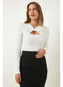 Happiness İstanbul Women's White Cut Out Detailed Ribbed Knitted Blouse