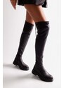 Shoeberry Women's Margot Black Thick Sole Long Stretch Elastic Boots Black Skin.