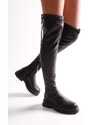 Shoeberry Women's Margot Black Thick Sole Long Stretch Elastic Boots Black Skin.