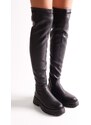 Shoeberry Women's Margot Black Thick Sole Long Stretch Elastic Boots Black Skin.